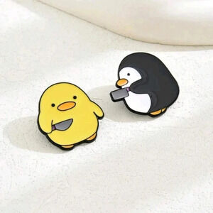 Two piece funny ducks black orange yellow enamel pin brooch charm purse bag deco